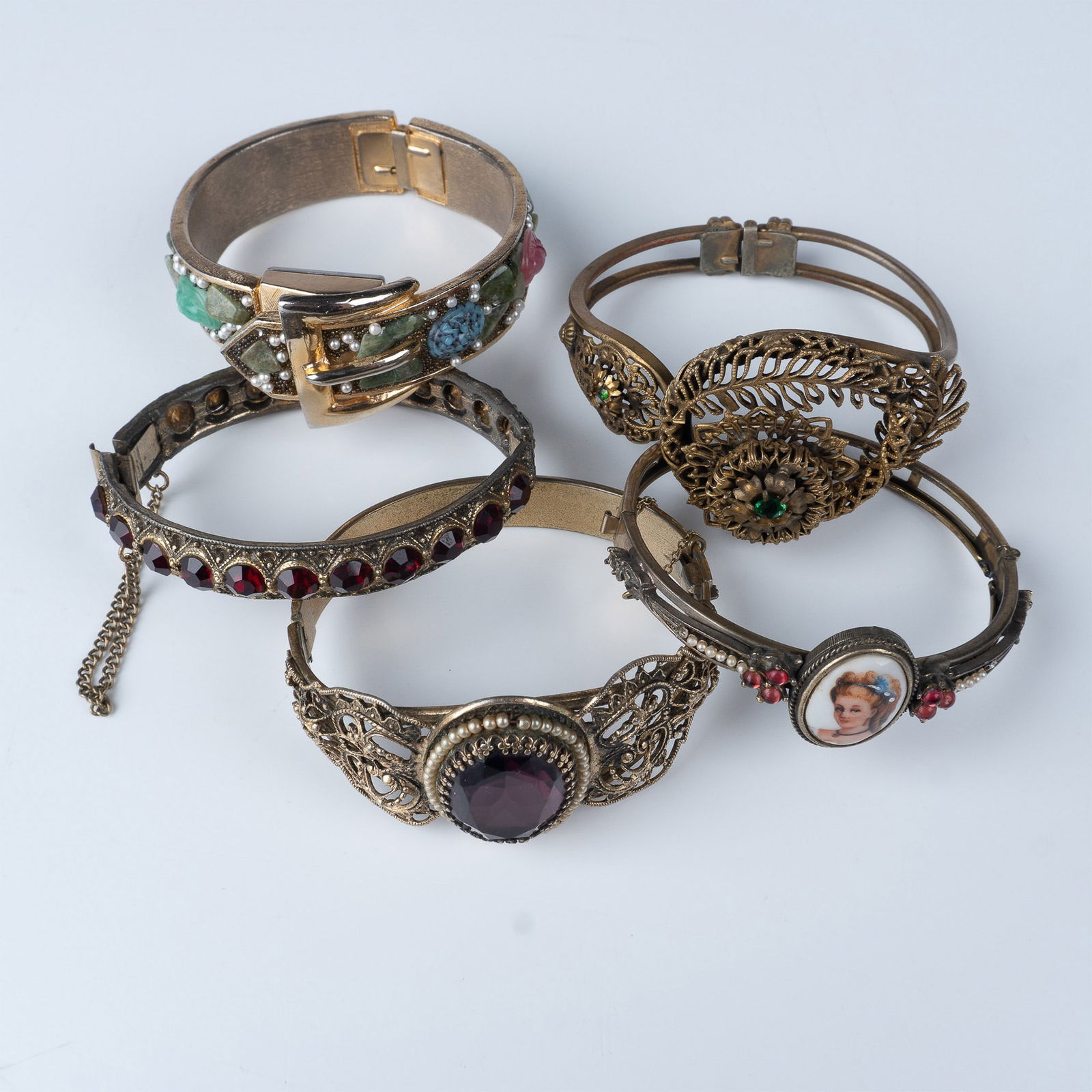 5pc Antique Jeweled Gilt Bracelets and Geneva Hidden Watch (1 of 2)
