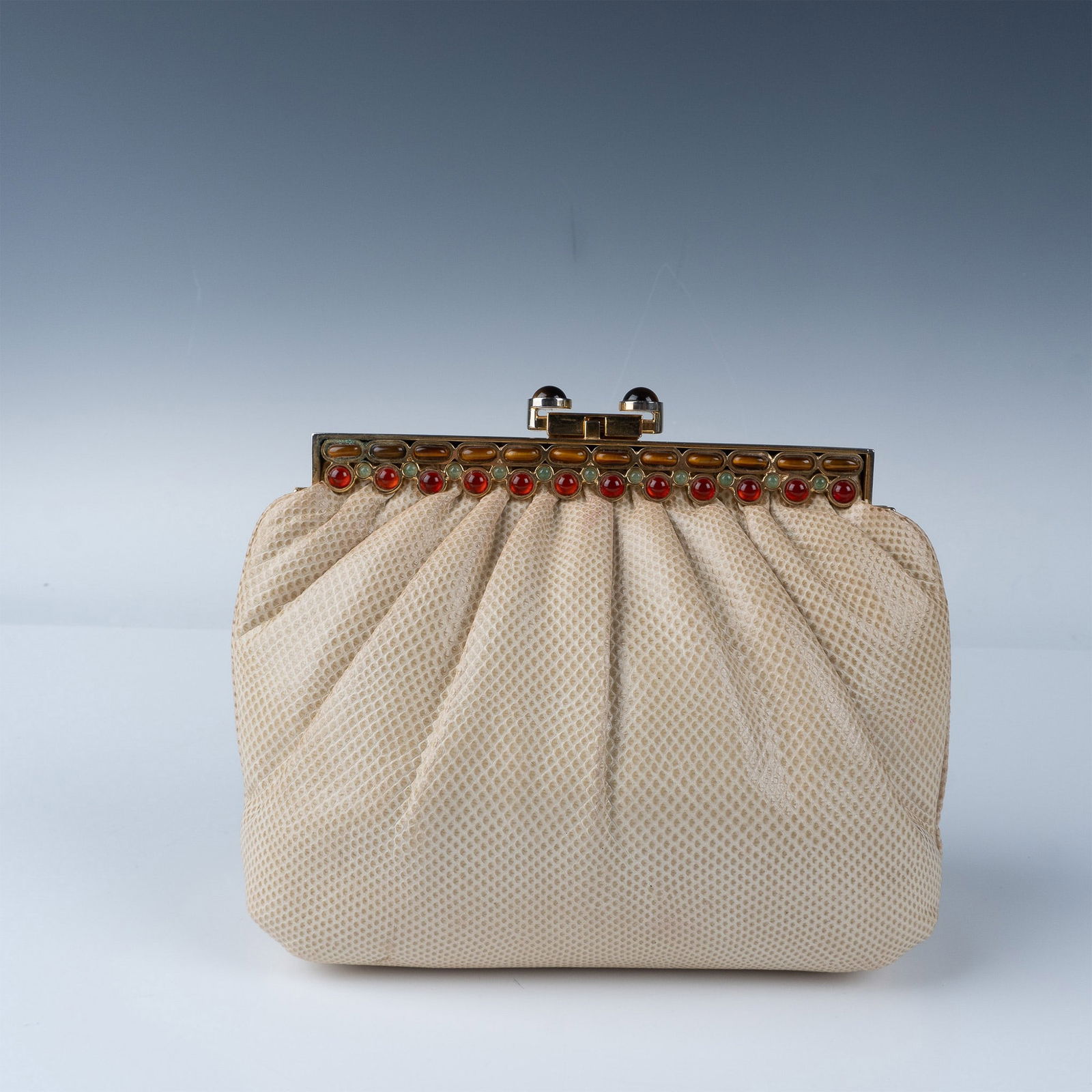 Judith Leiber Beige Lizard Leather Tiger Eye Gemstone Clutch (1 of 7)