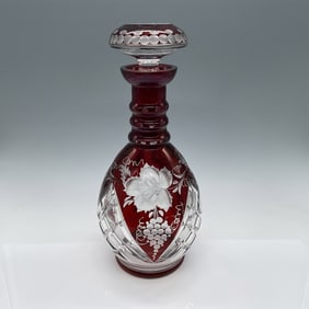 Cut to Clear Red Glass Decanter, Floral and Grape Motifs