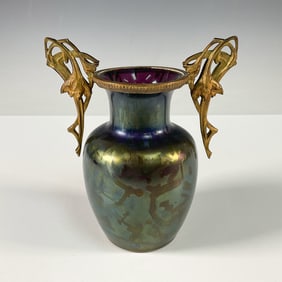 French Art Nouveau Bronze Handled Iridescent Glass Vase