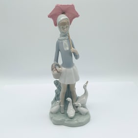 Lladro "Girl w Umbrella & Geese" Porcelain Figurine, #4510