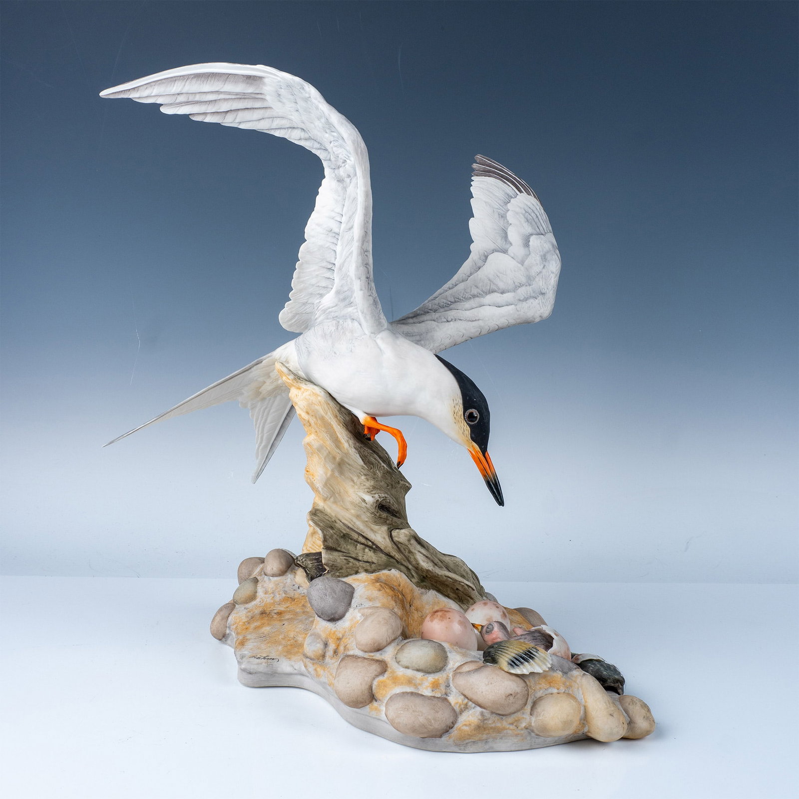 Boehm Porcelain Figurine, Coastal Birds Limited Edition: A stunning Boehm porcelain figurine featuring a pair of coastal birds in flight, gracefully perched above a detailed rocky shoreline adorned with realistic shells and eggs. This exquisite piece is par