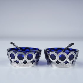Pair of Sterling Silver and Cobalt Blue Glass Salt Cellars