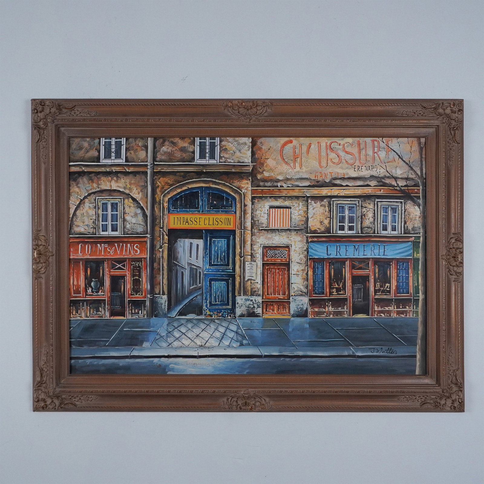 J. Walters, Original Oil on Canvas, French Scene, Signed: A vibrant oil on canvas depicting a charming French village street scene. The composition features intricately detailed shop facades, including a wine shop (Comptoir des Vins), a shoe store (Chaussure