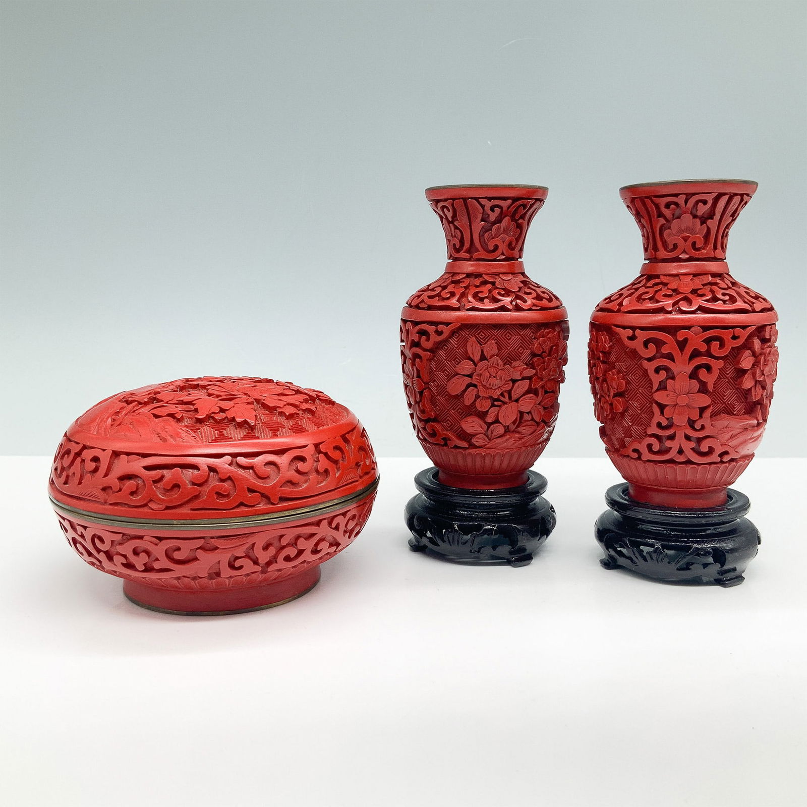 3pc Chinese Cinnabar Lacquer Vases and Lidded Box (1 of 4)