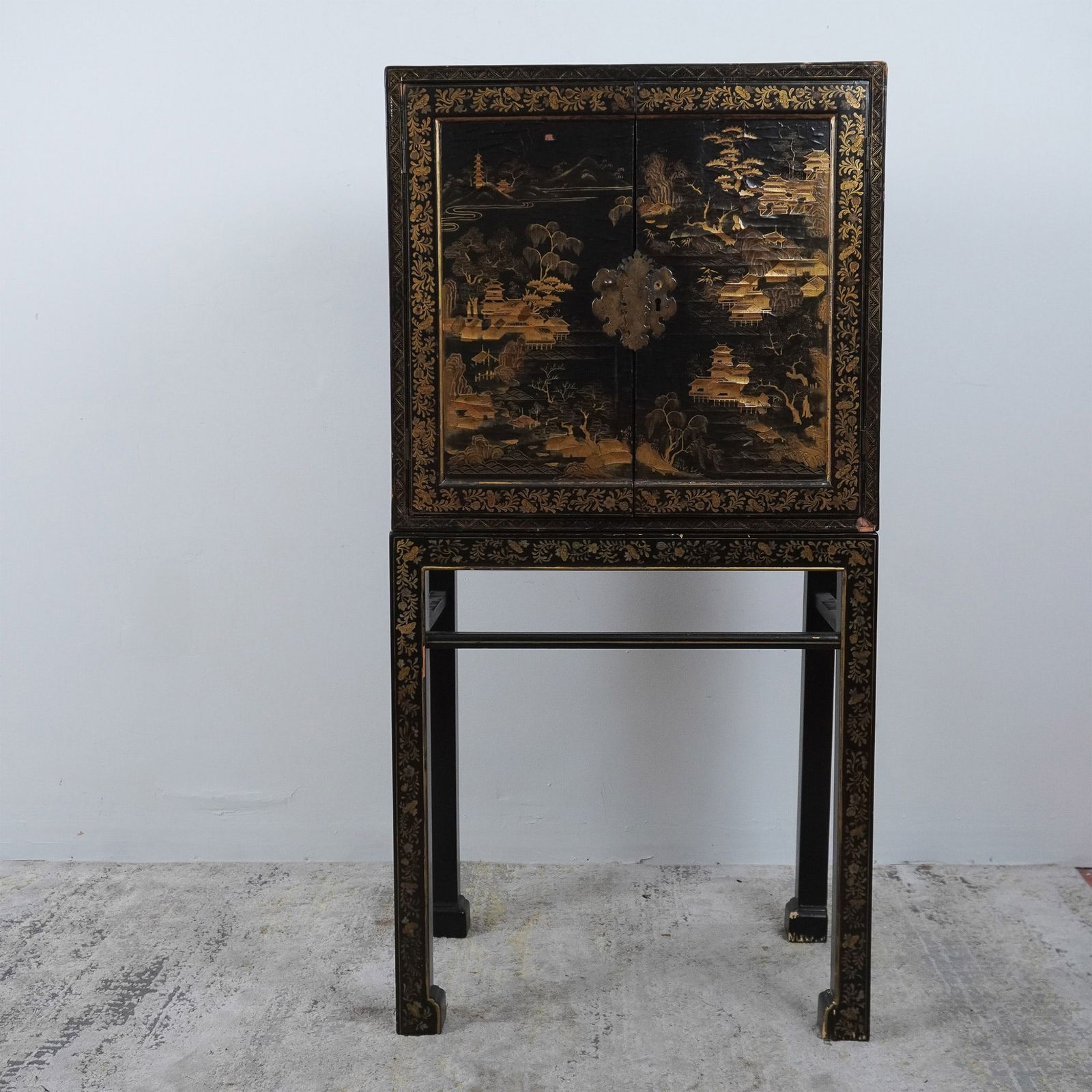 Antique Asian Lacquered Cabinet w/Gilt Landscape Designed (1 of 10)