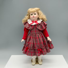 Teary Eyed Girl in a Plaid Dress Porcelain Doll