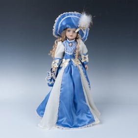 Victorian Styled Blonde Porcelain Doll in Blue Dress