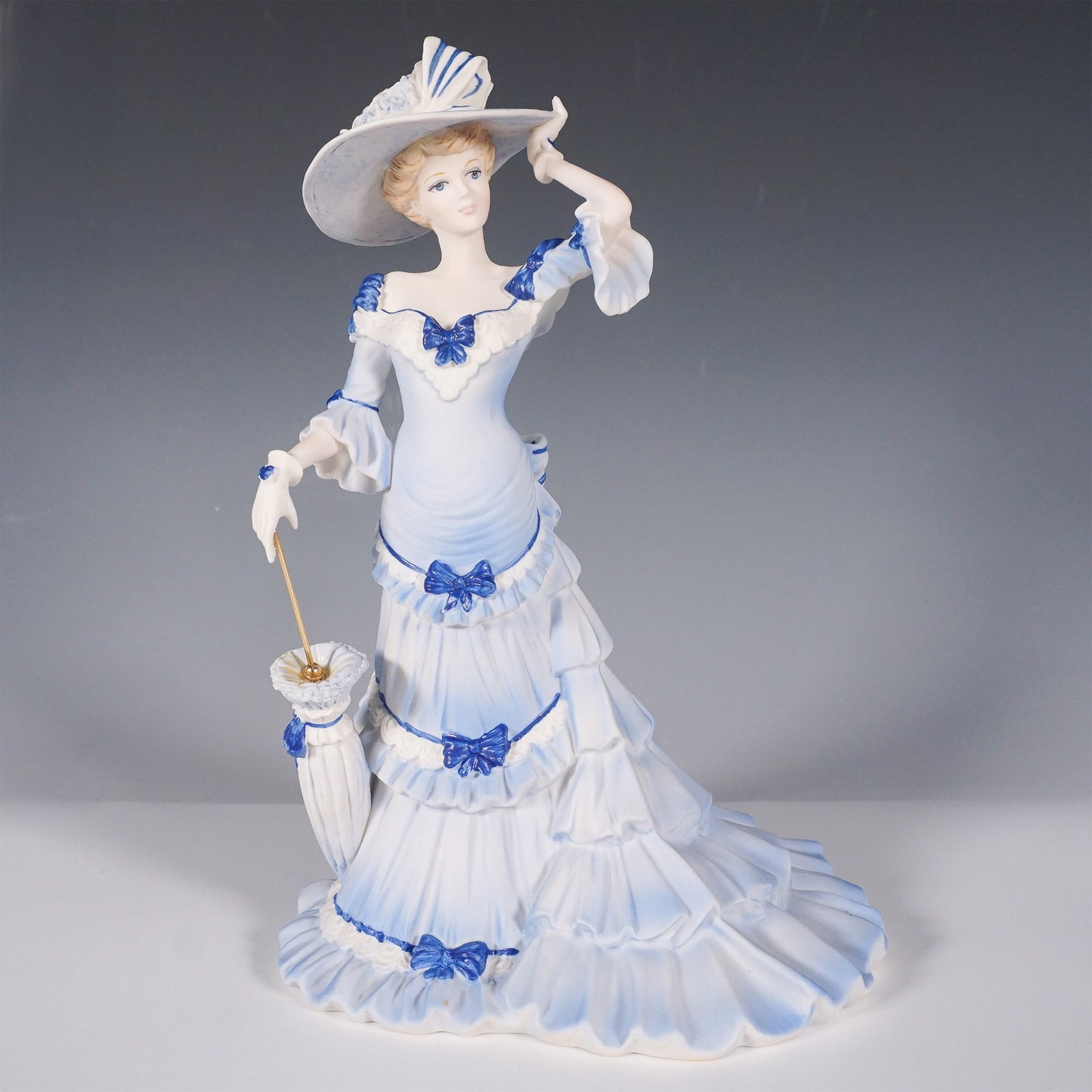 Coalport The Hampshire Collection Figurine, Erin: This beautifully crafted piece showcases a woman in a pale-blue ruffled and layered dress, complemented by a wide-brimmed hat adorned with delicate flowers and ribbons. She gracefully holds a parasol,