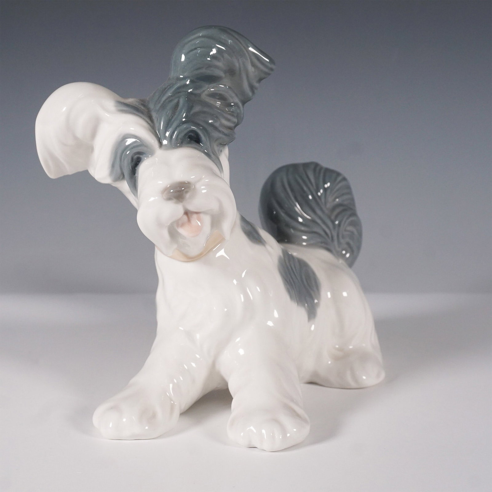 Lladro Skye Terrier Figurine 01004643: Charming Lladro porcelain figurine titled Skye Terrier, model 01004643. This beautifully crafted piece captures the lively and playful nature of the Skye Terrier breed, featuring a soft gray and white