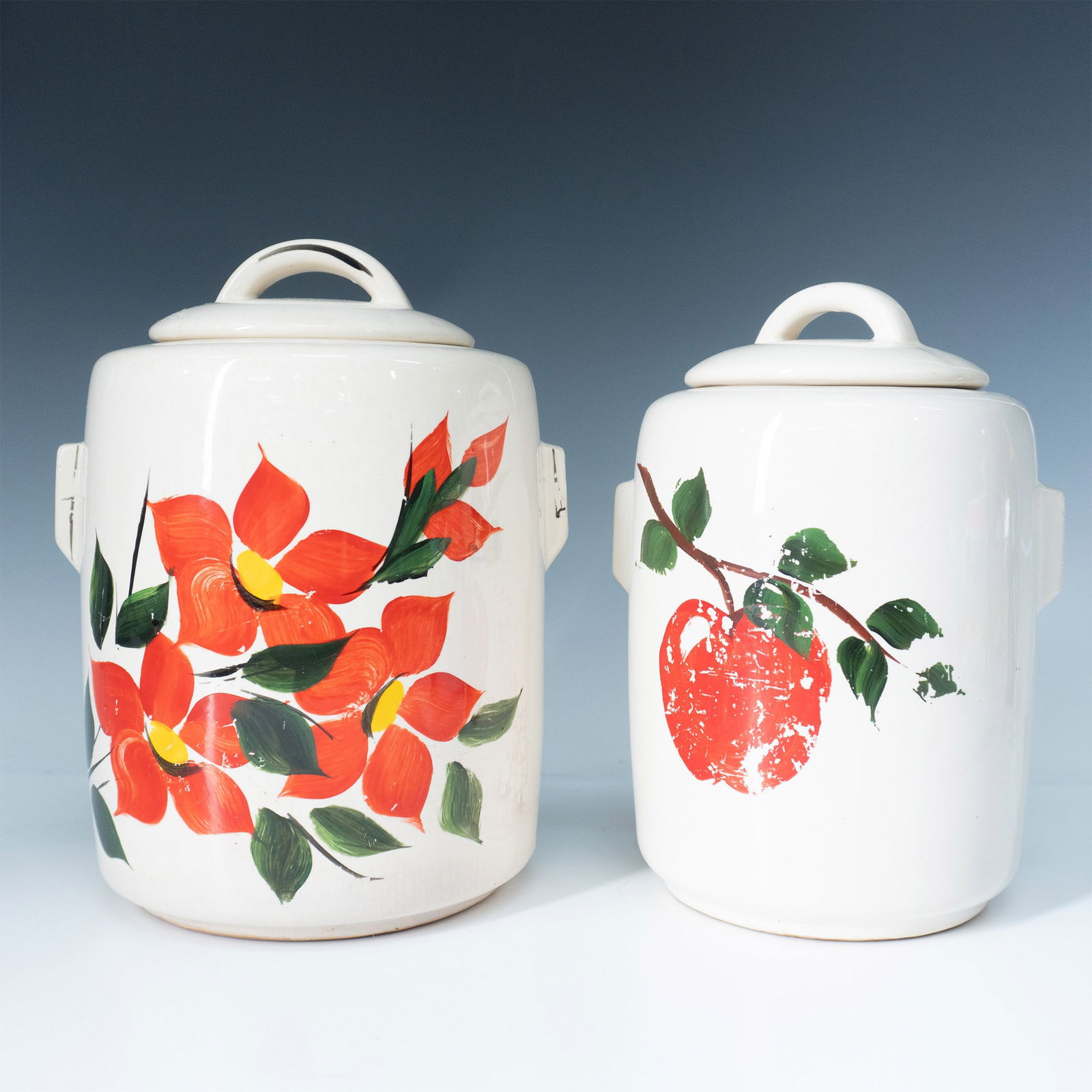 2pc McCoy Pottery Canisters, Red Flowers with Lids (1 of 3)