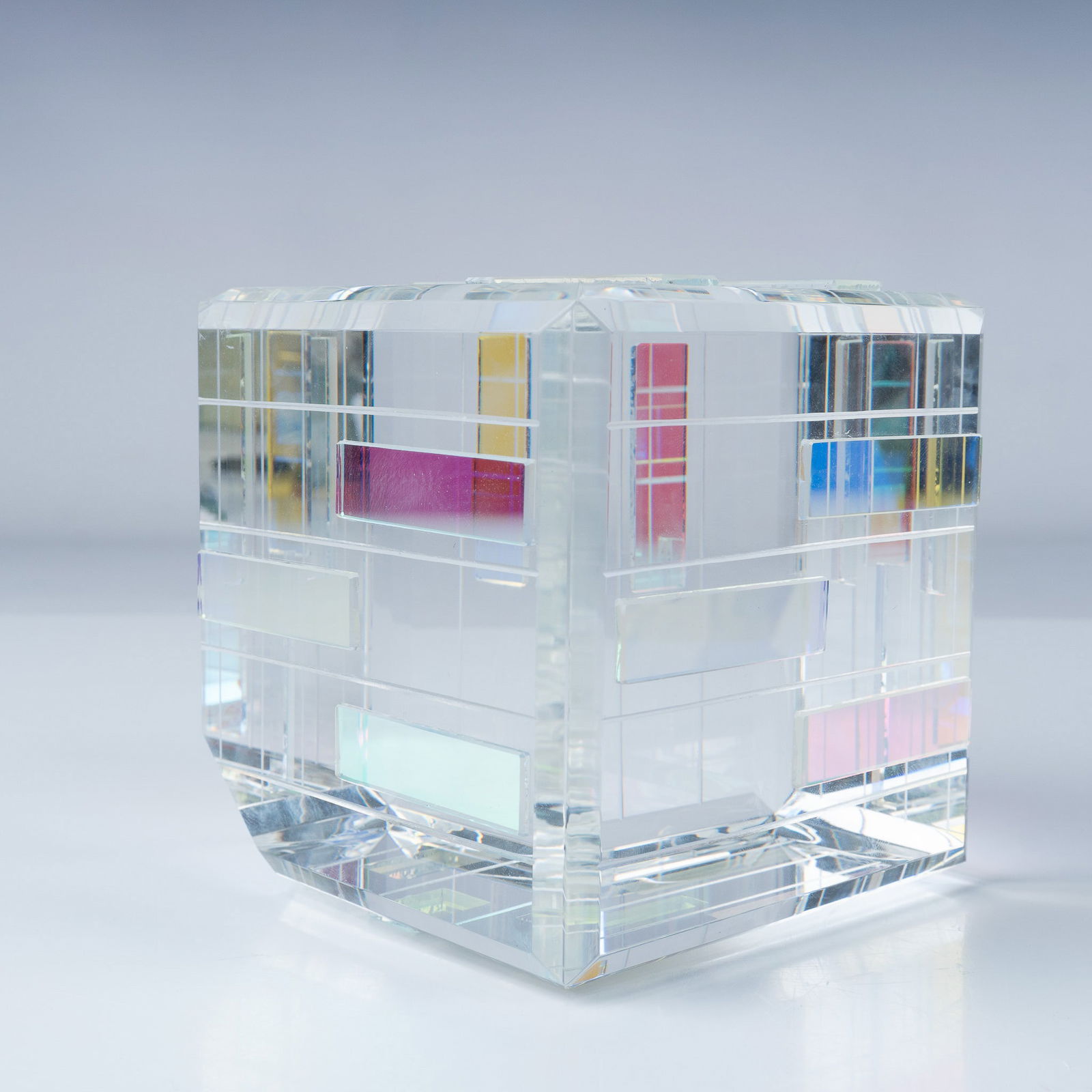Ray Lapsys Dichroic Glass Crystal Cube Sculpture, Signed (1 of 3)