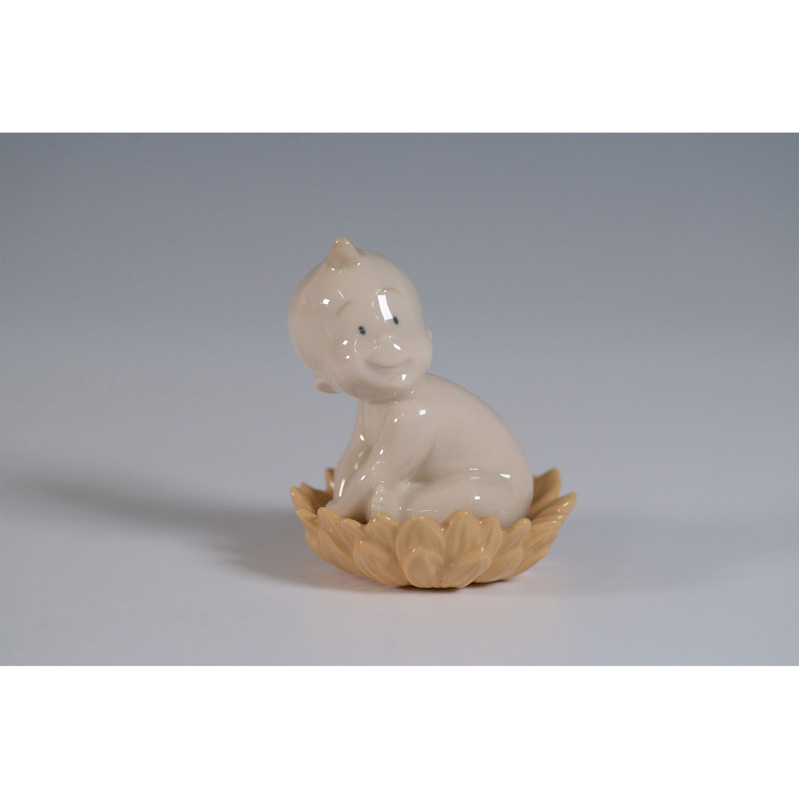 Nao Figurine, Where do Babies Come From? From a Water Can?: This Nao porcelain figurine, titled "From a Water Can?", features an adorable baby sitting in a watering can. Created by Nao Collections in 2003, it highlights the artist's delicate craftsmanship and