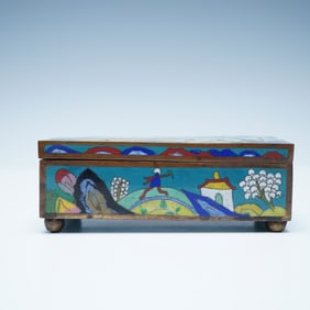 Chinese Cloisonne Enamel Box with Village Scene