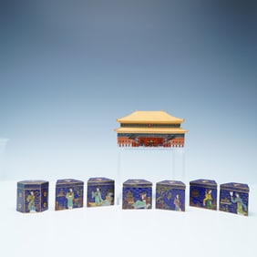 8pc The Palace Museum Mark Chinese Cloisonne and Porcelain Box Set