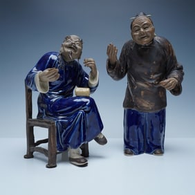2pc Chinese Shiwan Mudmen Porcelain Figures, Signed Pair