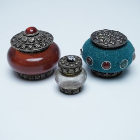 3pc Collection of Decorative Snuff Boxes with Ornate Silverwork