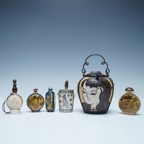 6pc Chinese Snuff Bottle and Painted Oil Lamp Collection