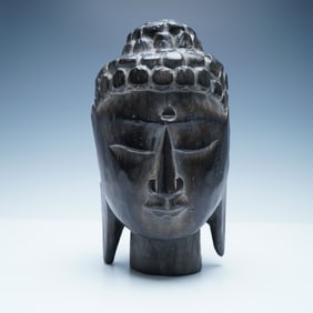 Hand-Carved Wooden Buddha Head Bust