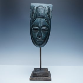 Indonesian Hand-Carved Wooden Mask on Stand