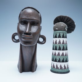 2pc African Carved Wood Bust and Zulu Matron Doll
