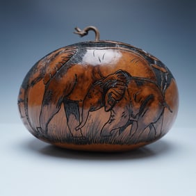 F.G. Link Hand-Carved Gourd with Elephant Motif, Signed