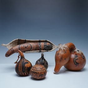 6pc Collection of Kenyan Shekere Gourds and Woven Basket