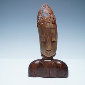 Chinese Horn and Wood Buddha Bust Sculpture