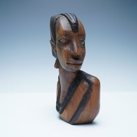 Tribal Hand-Carved Wooden Bust Sculpture