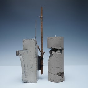 2pc Contemporary Ceramic and Concrete Sculpture Pair, Signed
