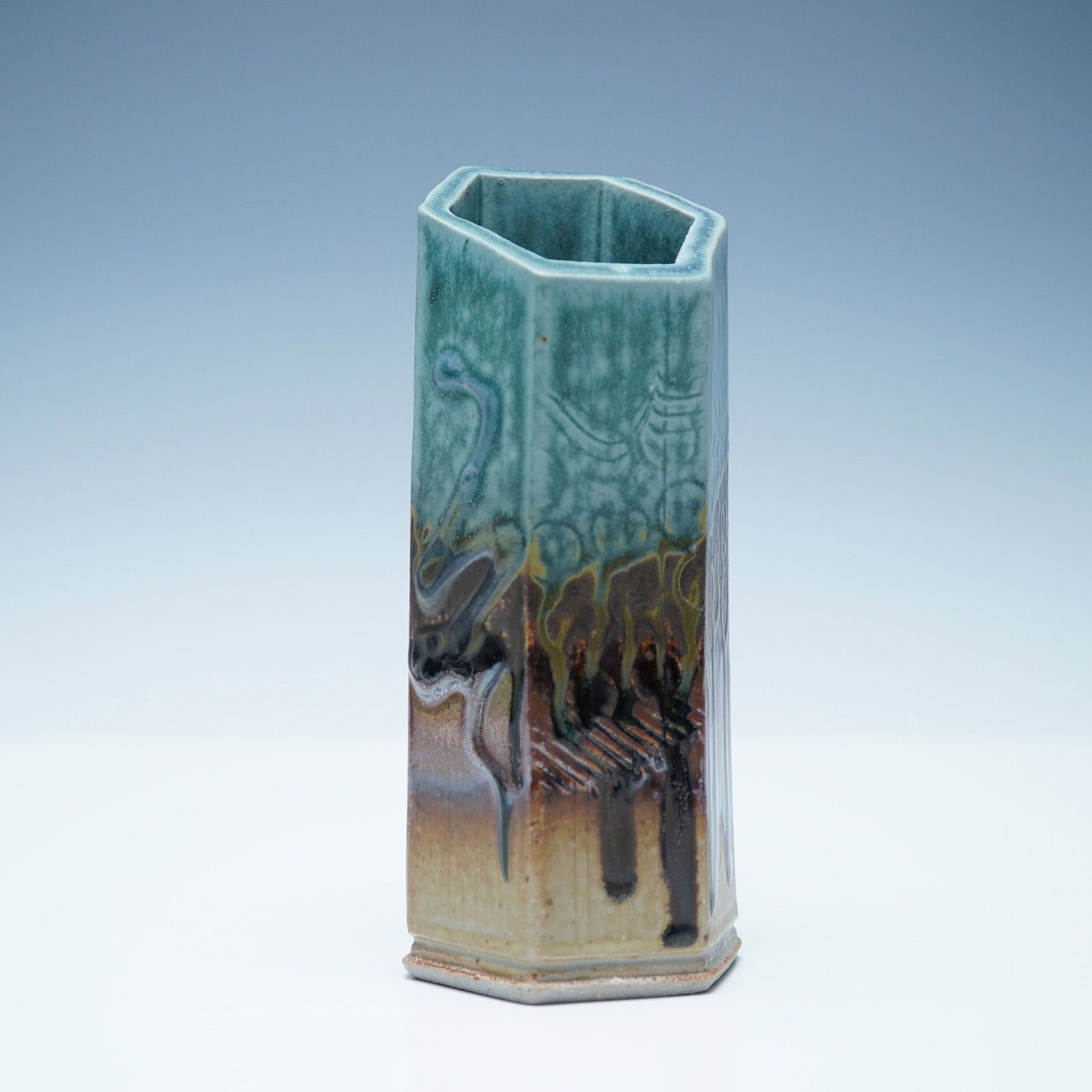 Signed Studio Pottery Hexagonal Vase (1 of 3)