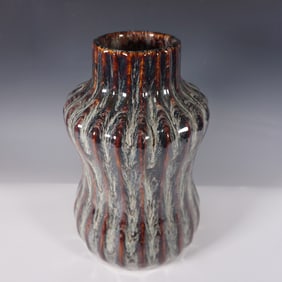 Art Pottery Ribbed Vase with Drip Glaze