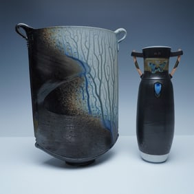2pc Signed Studio Art Pottery Vases with Abstract Glaze Designs
