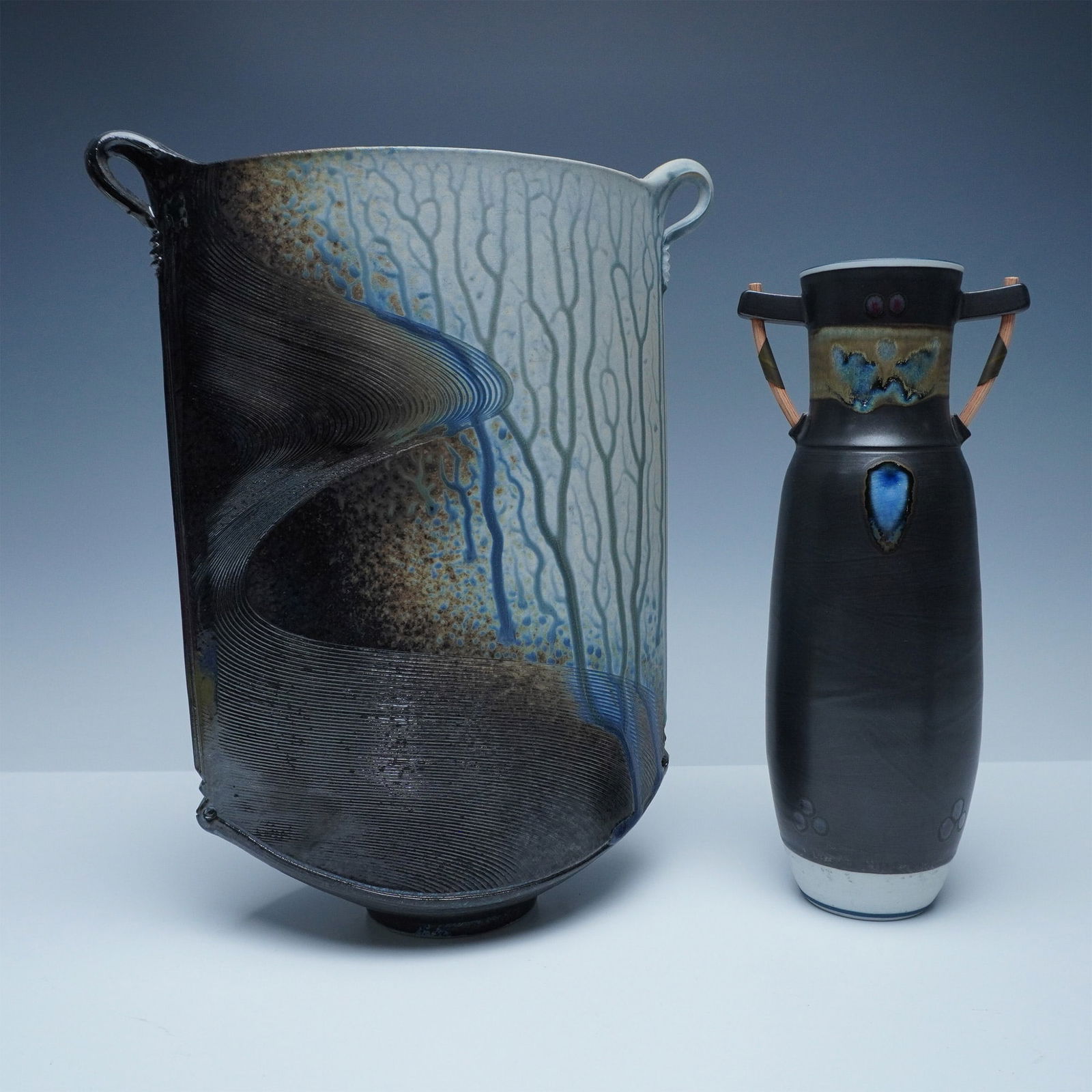 2pc Signed Studio Art Pottery Vases with Abstract Glaze Designs (1 of 8)