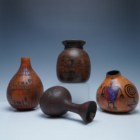 4pc Collection of Decorative Handcrafted Gourds & Vase
