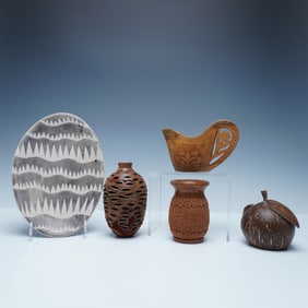 5pc Collection of Five Carved and Textured Decorative Vessels and Plate