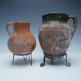 2pc Antique Handcrafted Terracotta Pitchers with Aged Patina