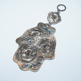 Handcrafted Metal Hamsa Pendant with Rose Motif and Gemstone Accents