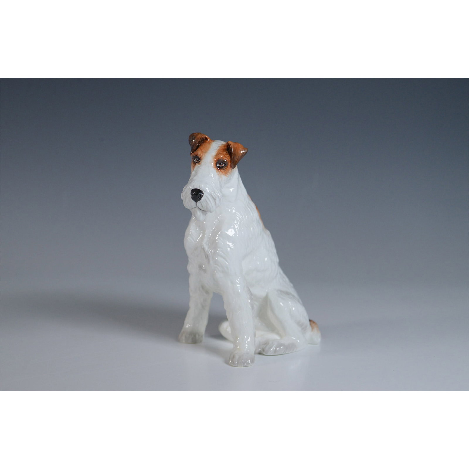 Royal Staffordshire Figurine, Wire Fox Terrier: A finely crafted Royal Staffordshire Wire Fox Terrier figurine made of English bone china. This limited edition piece is number 11 of 500 and features a detailed brown and white glaze. The figurine st