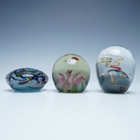3pc Art Glass Paperweights - 2 Signed