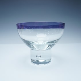 Art Glass Pedestal Bowl with Blue Rim