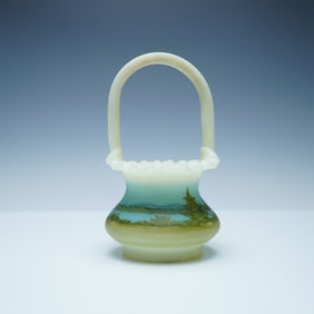 Fenton Vaseline Glass Basket Hand-Painted by D. Jackson