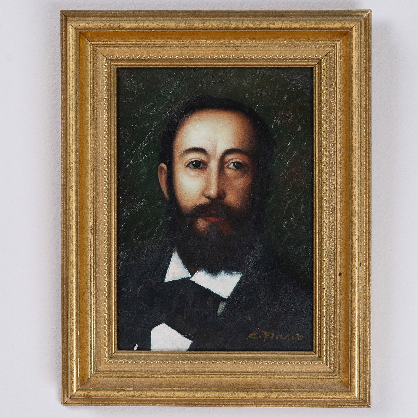 C. Franco, Oil on Board, Portrait of Gentleman, Signed: This finely executed oil on board intimate portrait, signed by artist C. Franco, presents a distinguished gentleman with a neatly groomed beard and formal attire, exuding an air of quiet confidence an