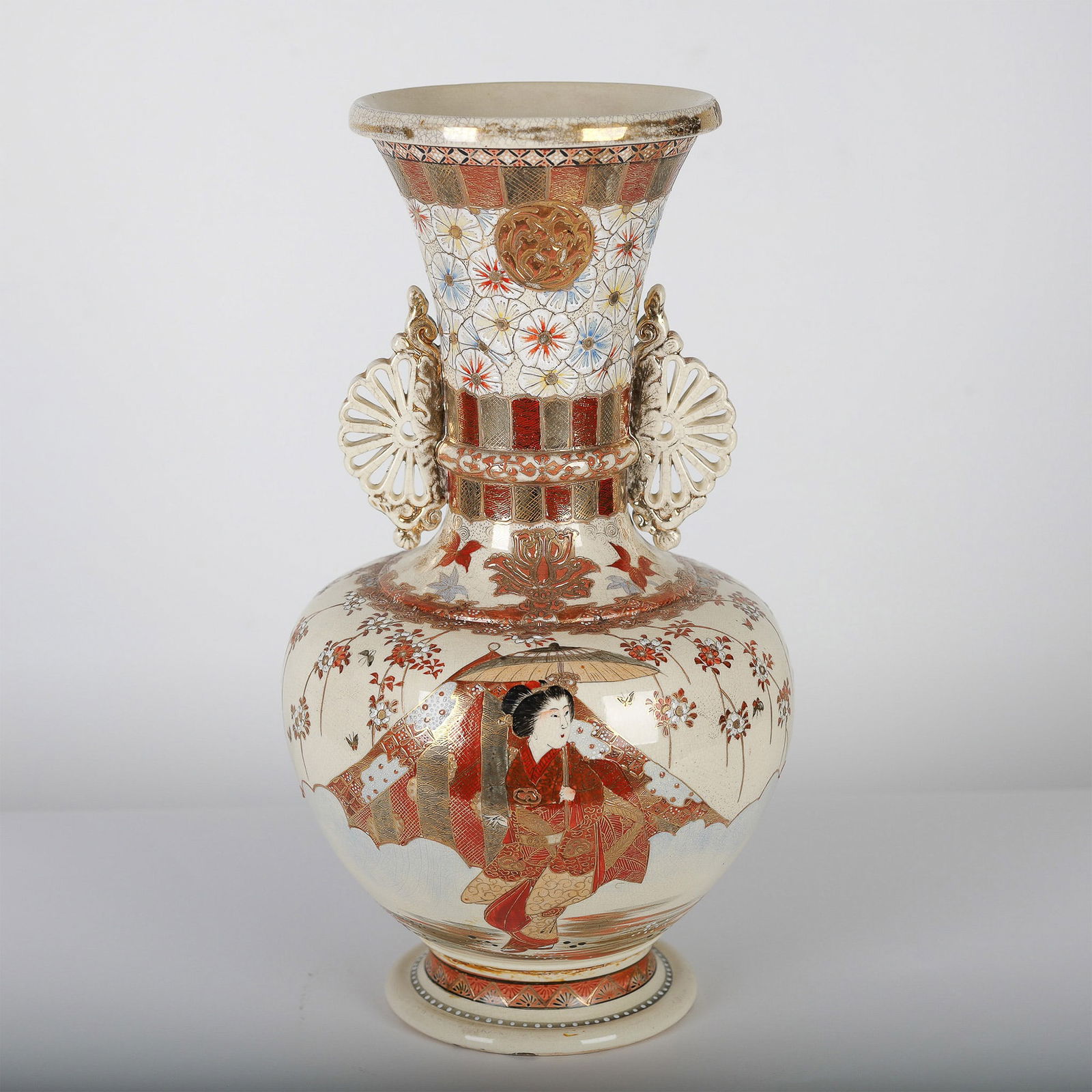 Japanese Satsuma Earthenware Vase w/ Geisha & Floral Motifs (1 of 7)