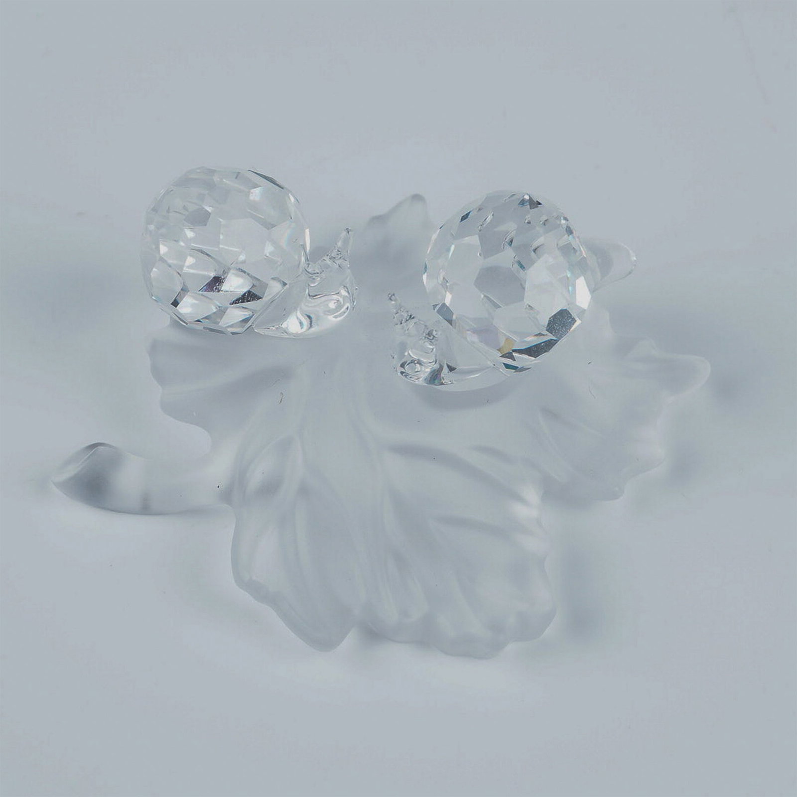 Swarovski Crystal Figurine, Snails on Vine Leaf, with Box: Swarovski Crystal Snails on Vine Leaf figurine from the In the Secret Garden collection. Featuring two baby snails crafted from clear and frosted crystal, perched on a delicately sculpted frosted crys