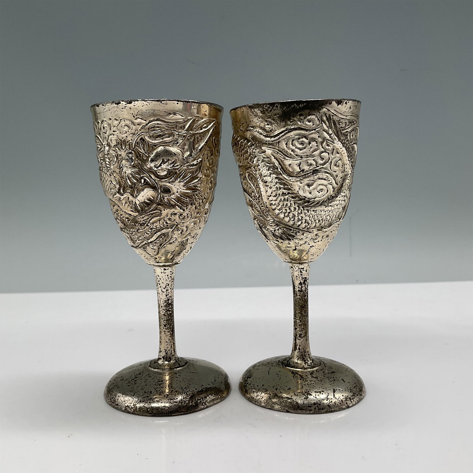 2pc Antique Silver Cordial Cups with Repousse Dragon Motif (1 of 3)