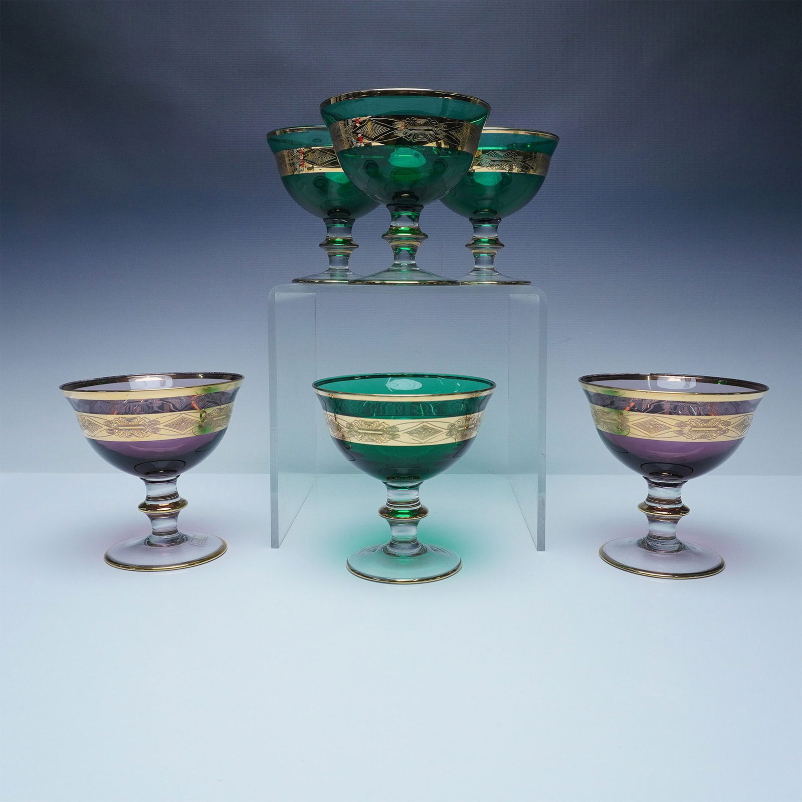 6pc Vintage Hand-Blown Stemmed Glasses with Gilt Banding (1 of 4)