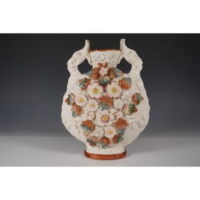 English Majolica Floral Encrusted Lizard-Handled Vase