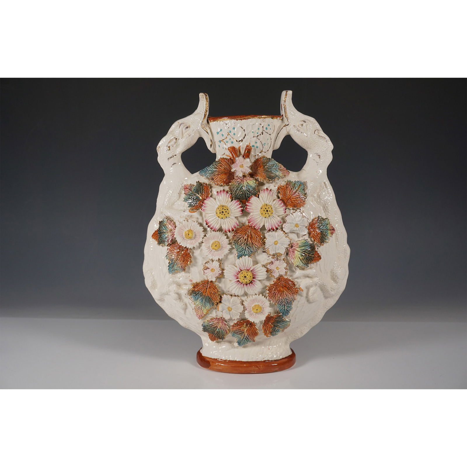 English Majolica Floral Encrusted Lizard-Handled Vase