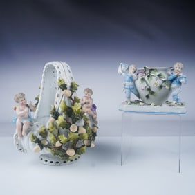 Sitzendorf Porcelain Basket and Vase, Pair